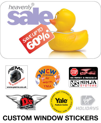 window sticker examples, used in shop windows, rear car windows and point of sale