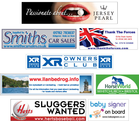 rear window stickers, showing  8 examples of full colour and spot colour white backed vinyl car window stickers